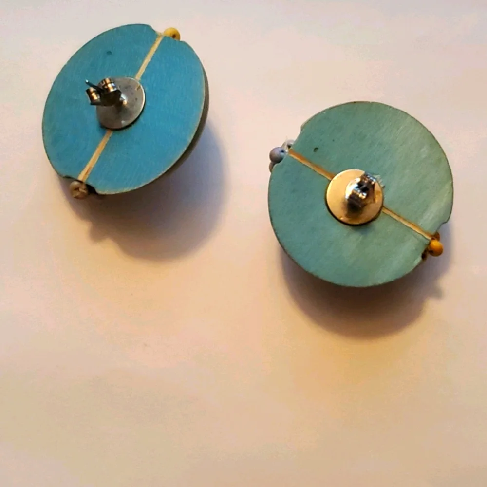 BIG OLIVE GREEN Wooden Round Stud  Pierced Earrings With Small Orange Beads